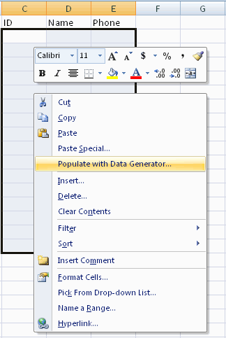 DTM Data Generator for Excel: add-in context menu item