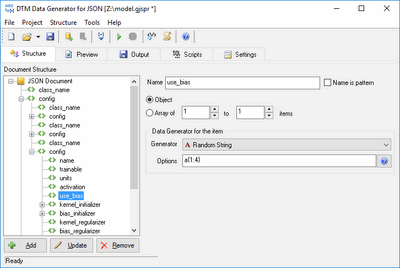 DTM Data Generator for JSON: test JSON generator main window