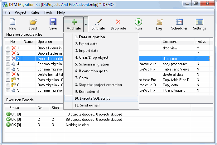 DTM Migration Kit: main window of the migration tool