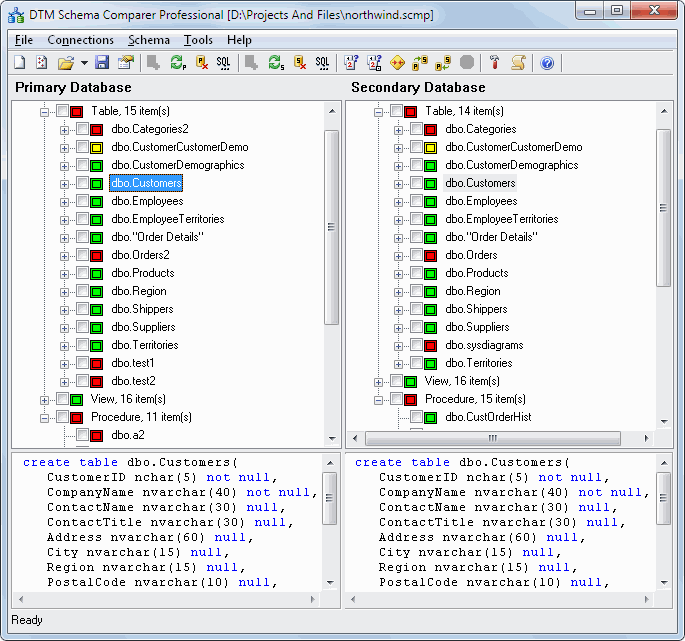 DTM Schema Comparer: main window
